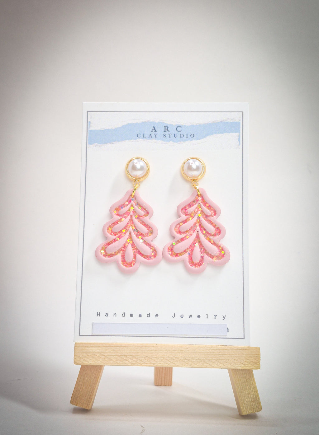 Pink Christmas Tree Polymer Clay Earrings – Handmade Holiday Jewelry, Cute Christmas Gift