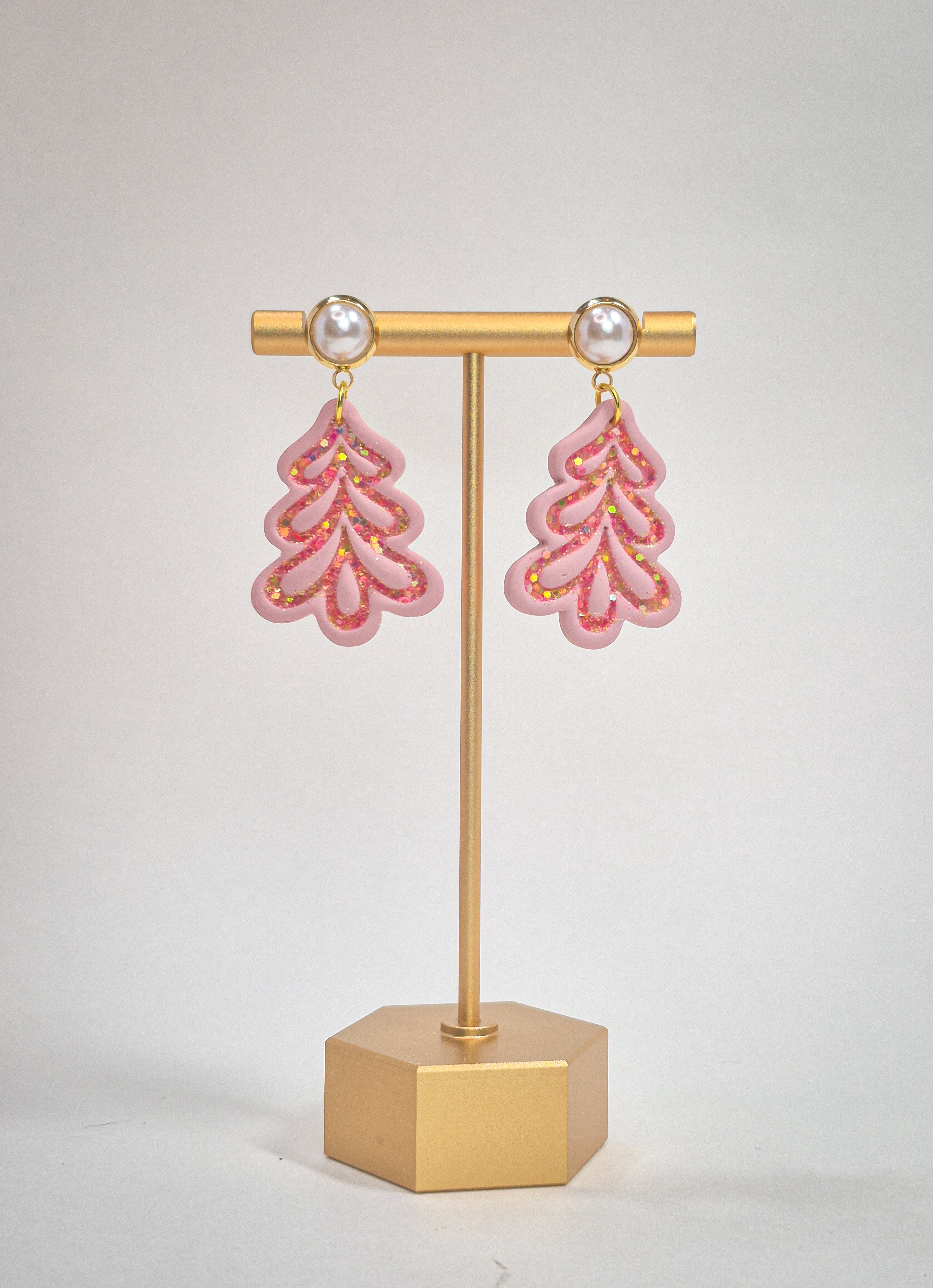 Pink Christmas Tree Polymer Clay Earrings – Handmade Holiday Jewelry, Cute Christmas Gift