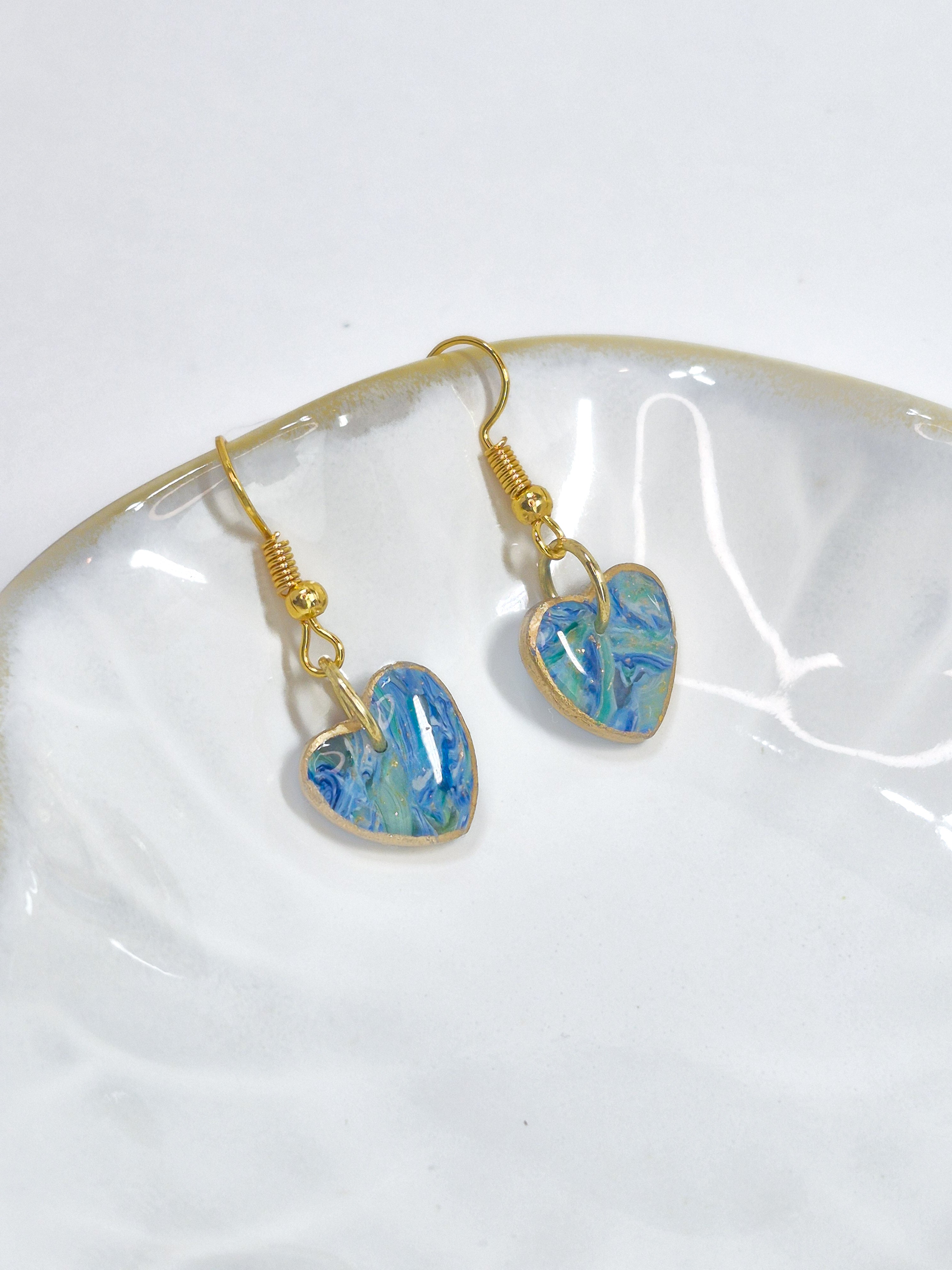 Handmade Marbled Heart Earrings Dangle Statement Earrings