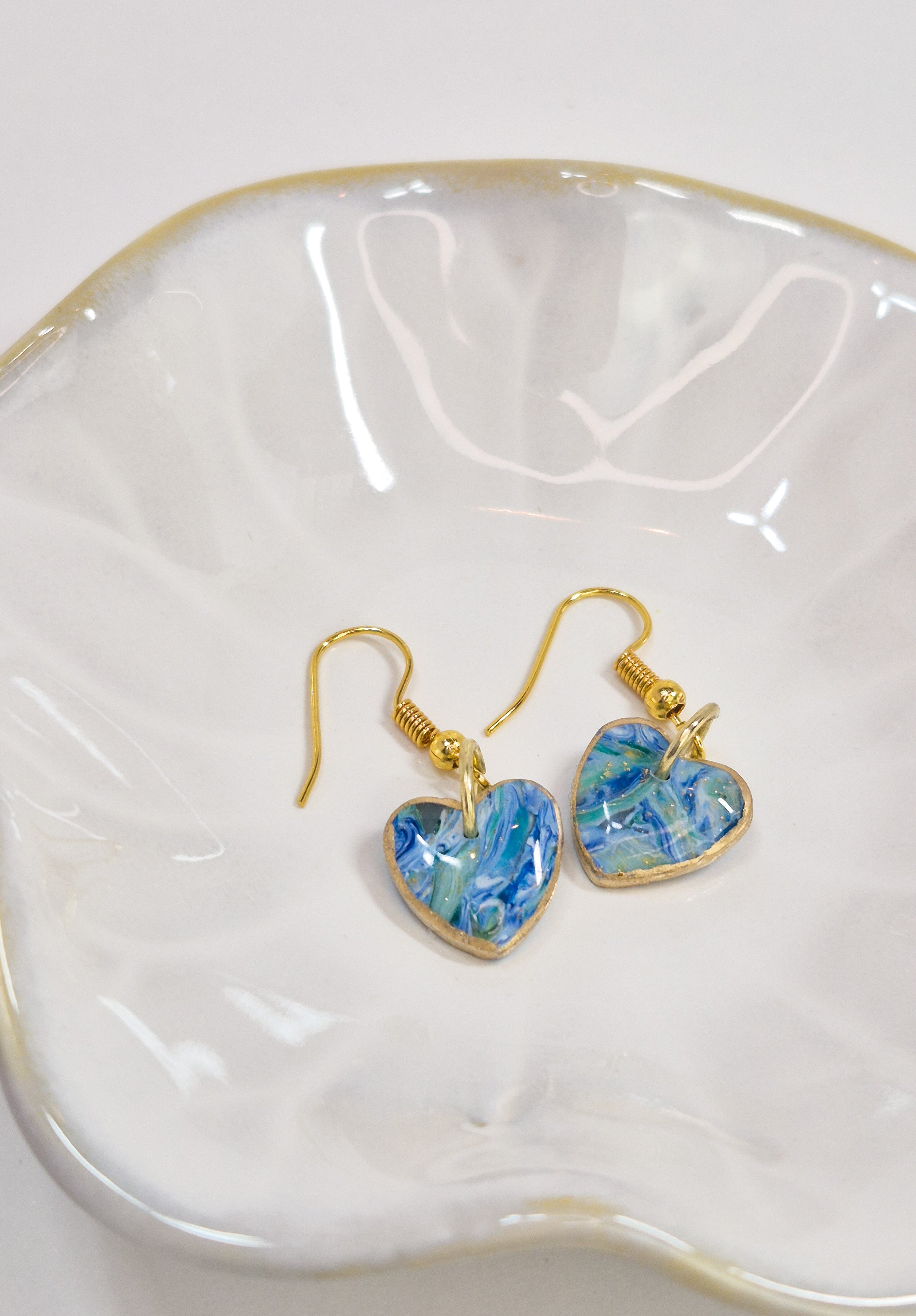 Handmade Marbled Heart Earrings Dangle Statement Earrings